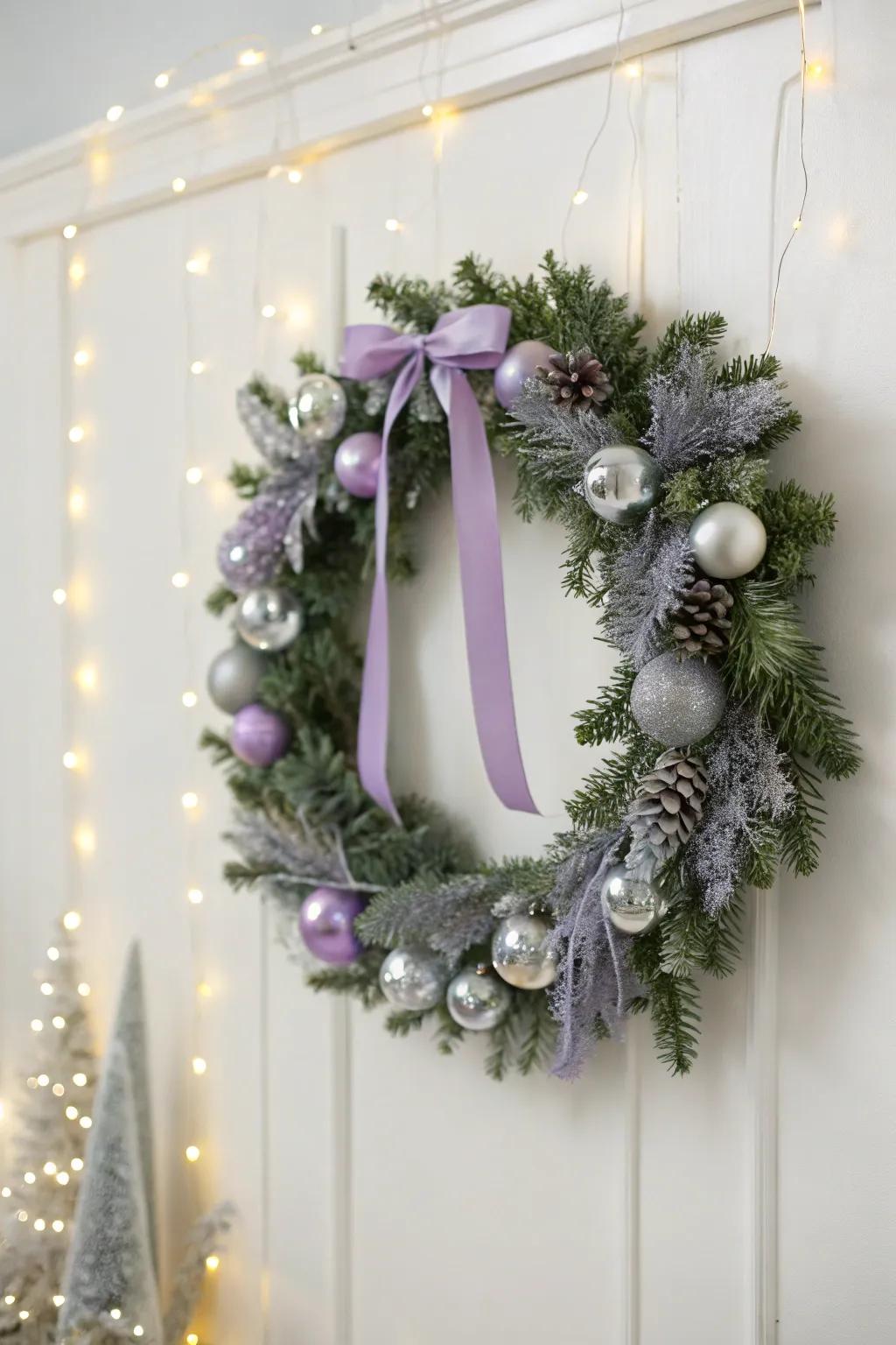 Lavender and silver create an elegant Christmas wreath.