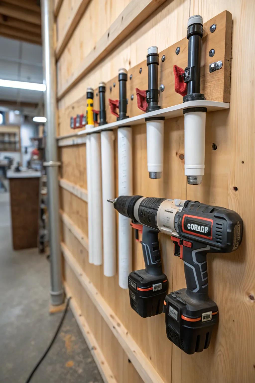 Elevate your workshop organization with a stylish PVC pipe drill dock – where form meets function.
