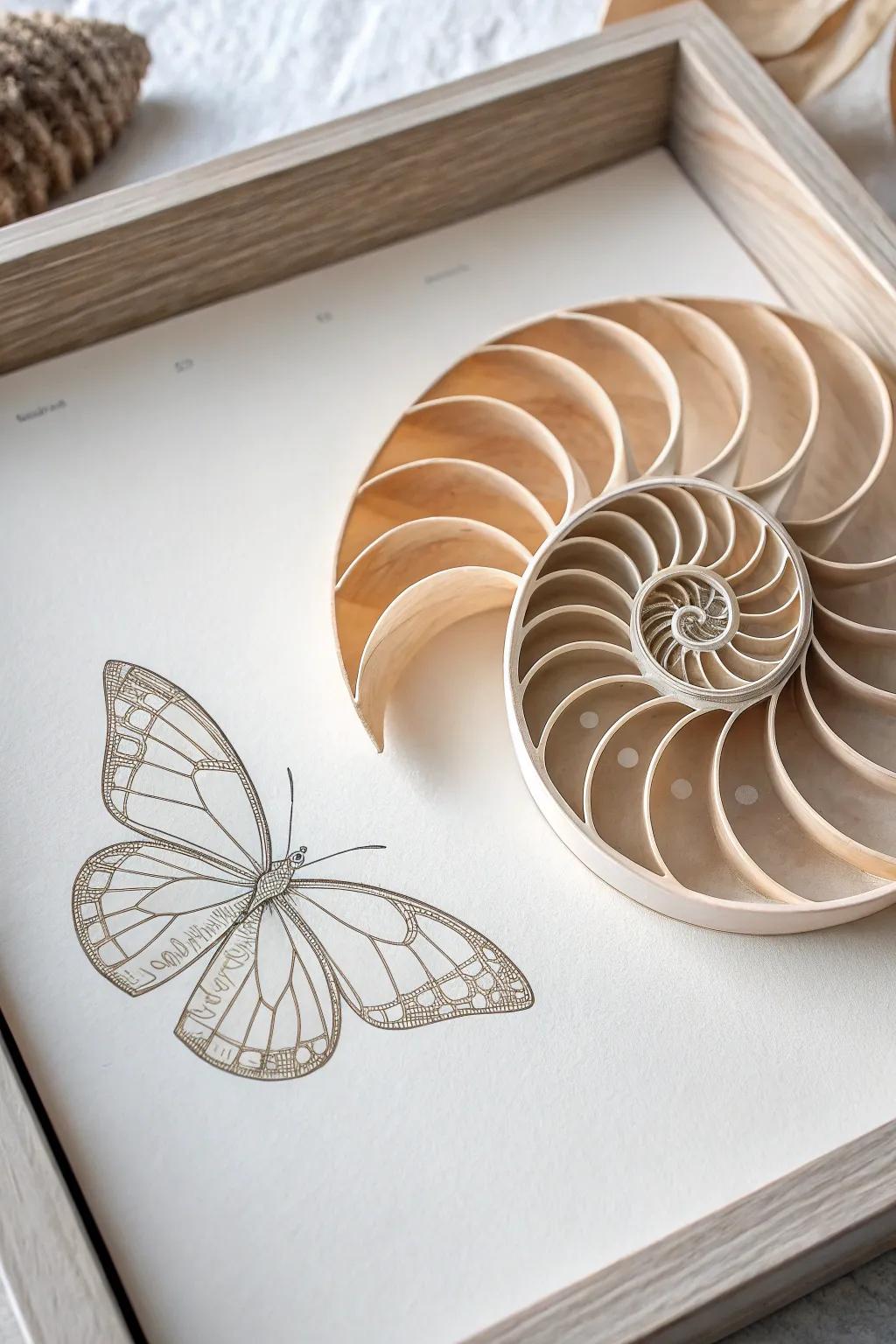 Discover the beauty of nature and geometry with this enchanting Pythagorean spiral art, where a hidden butterfly takes center stage.