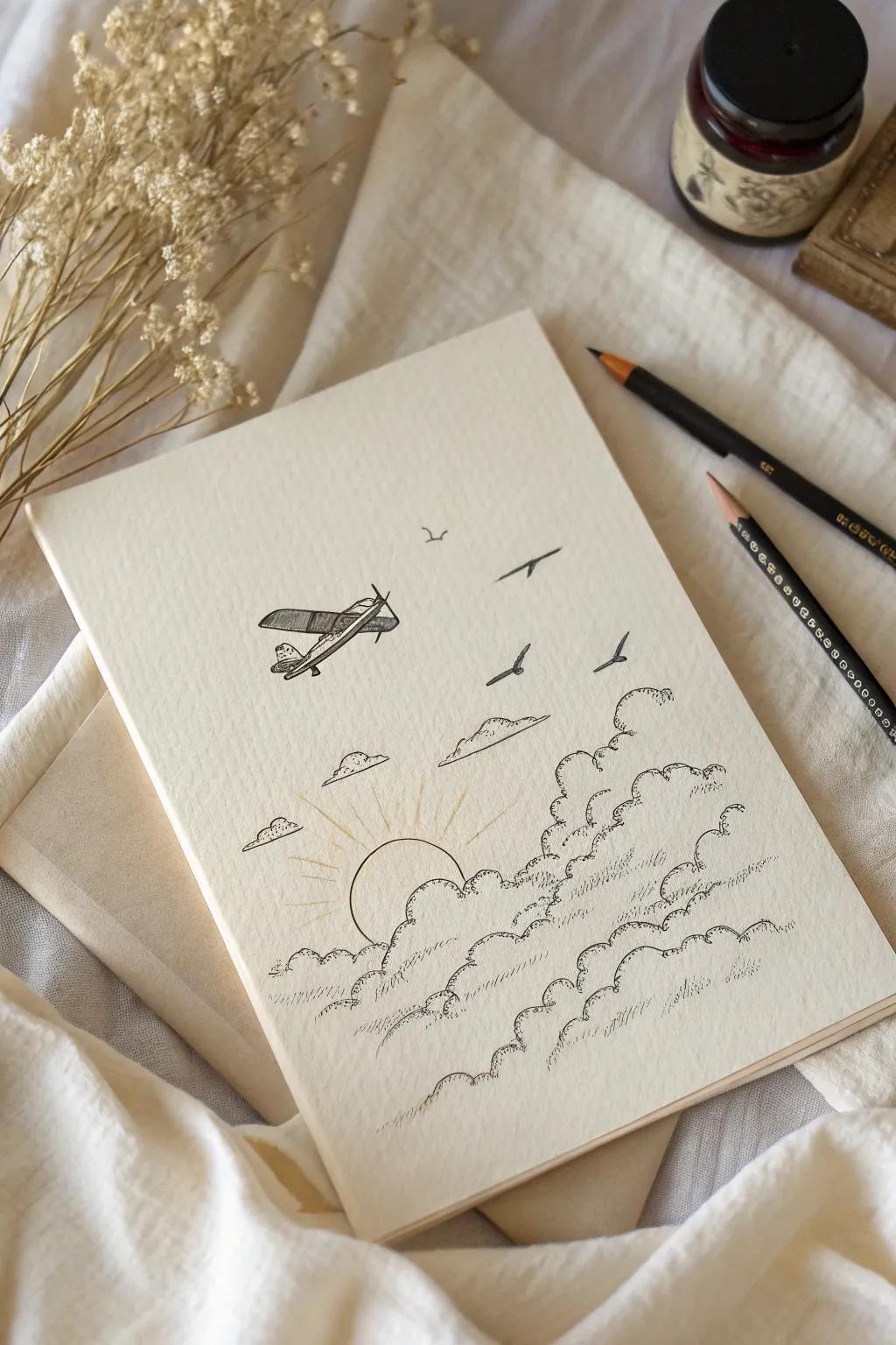Capture the freedom of the sky with this minimalist airplane and clouds sketch.