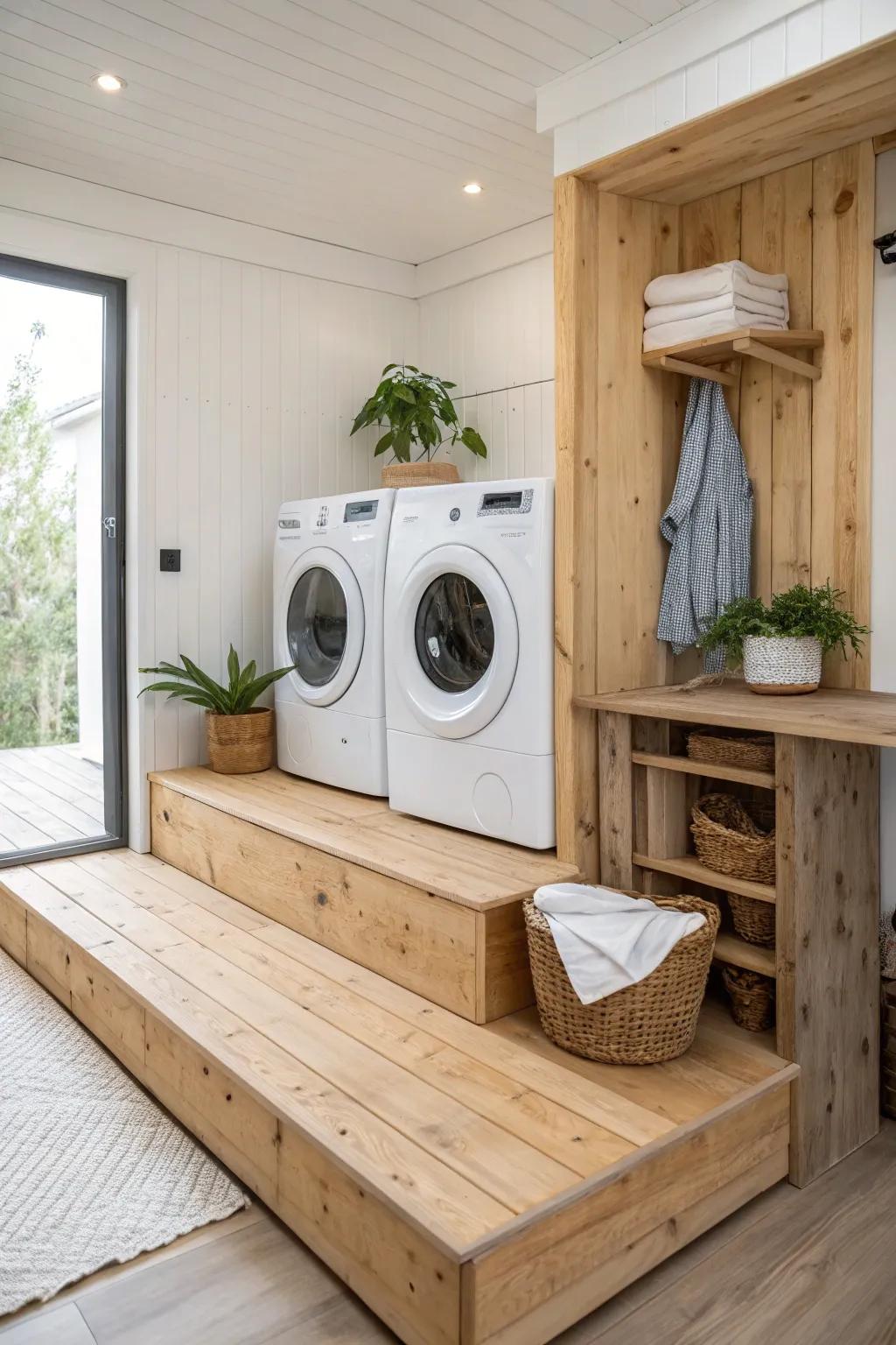 Effortless elegance: Elevate your laundry experience with a handcrafted wooden platform.