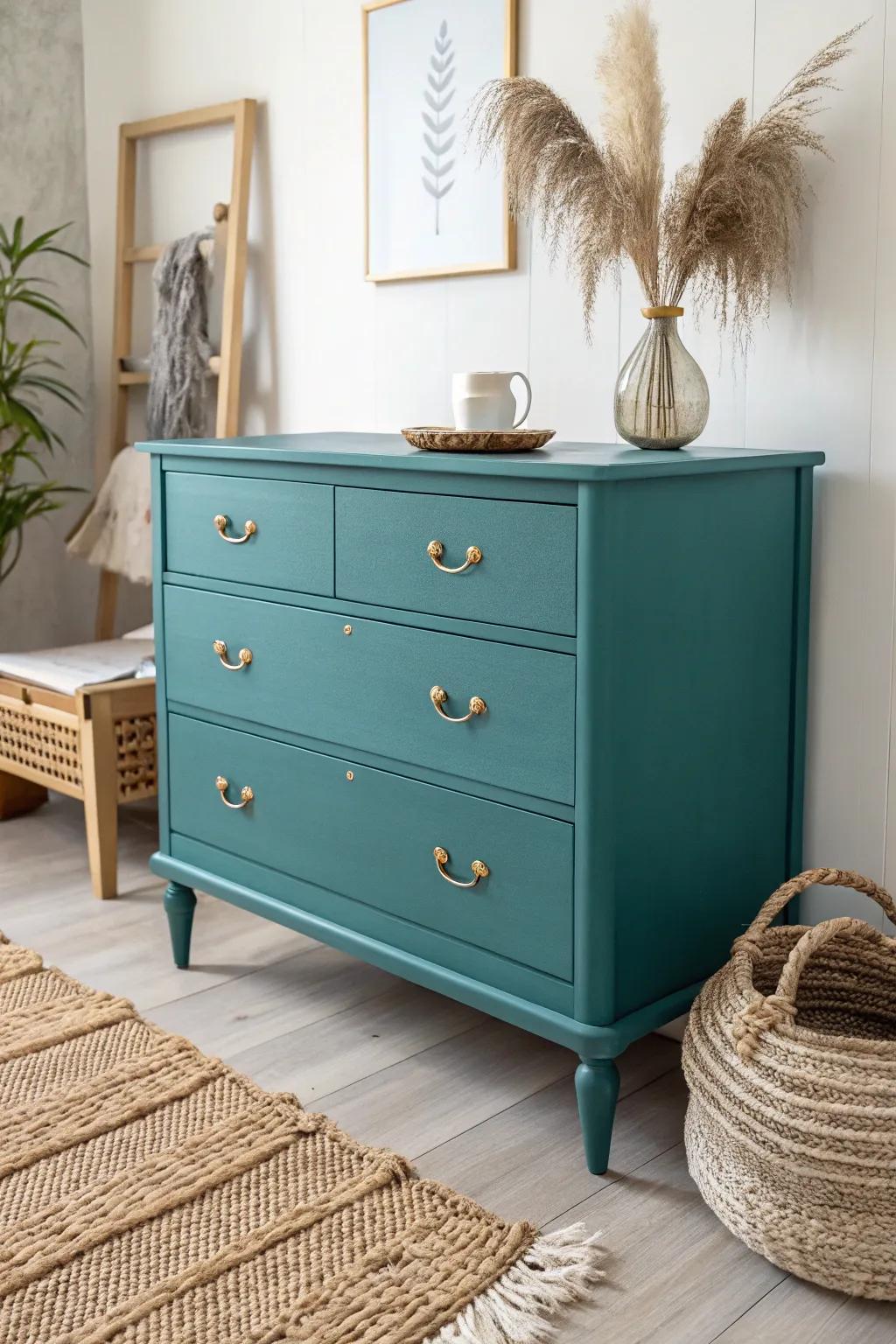 Add a pop of color to your room with a bold teal dresser, blending minimalist elegance with a touch of boho charm.