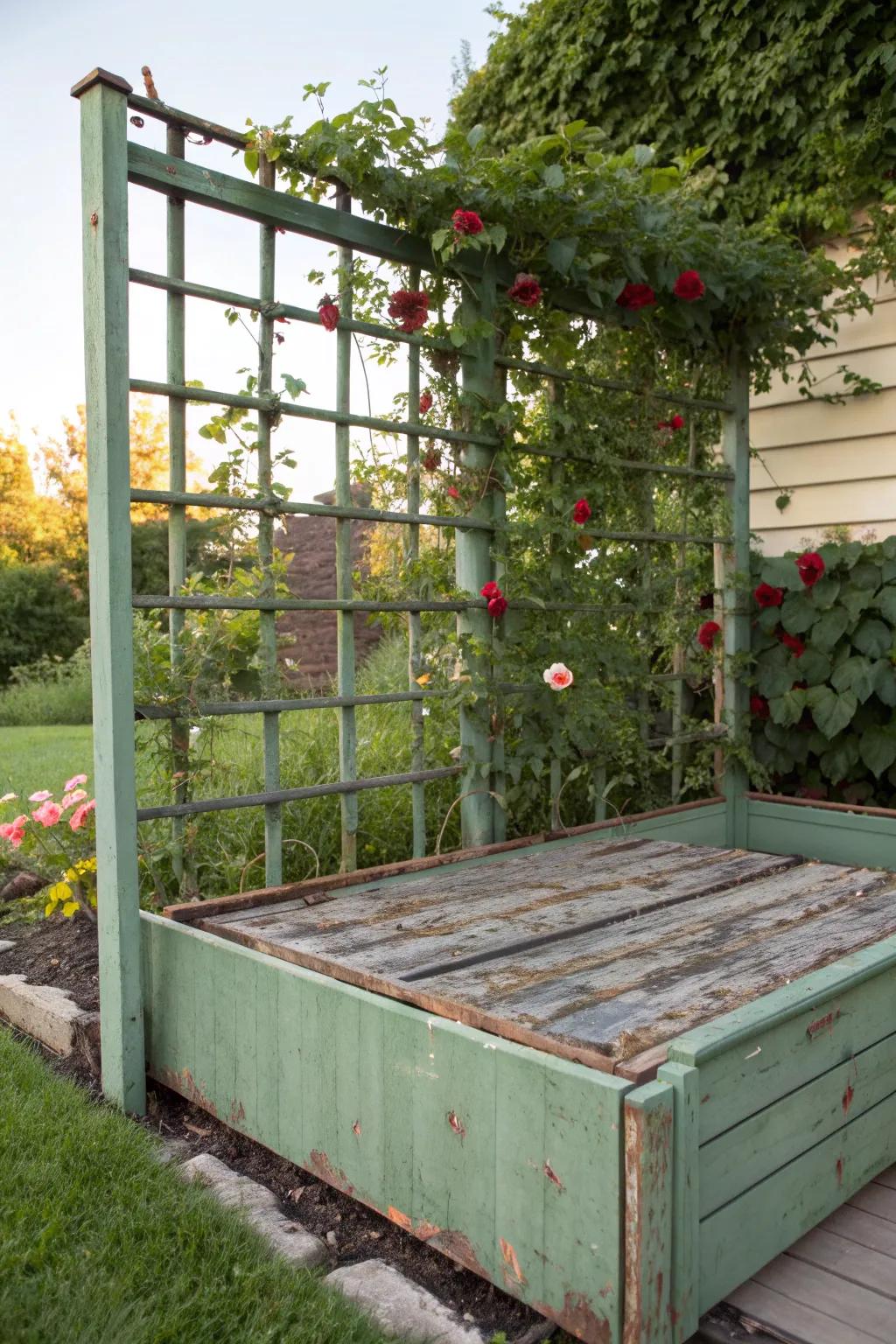 Craftsmanship in Bloom: Transform your garden with a repurposed box spring trellis.