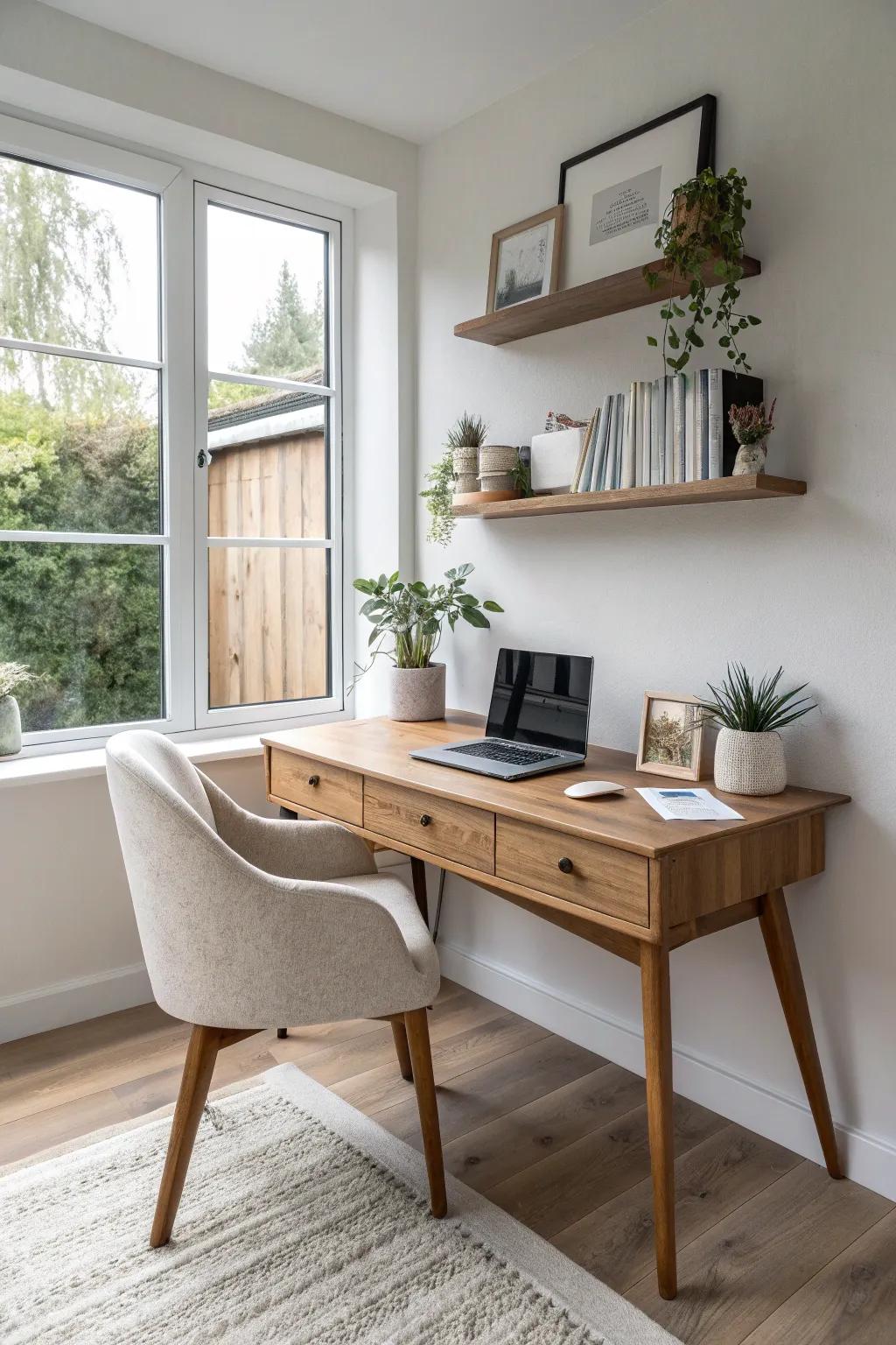 Transform your dining space into a serene home office haven with minimalist elegance and boho charm.