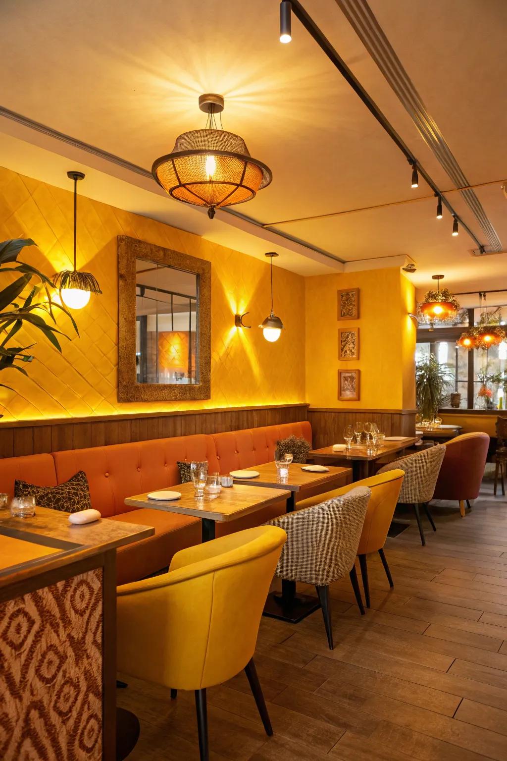 A restaurant with warm yellows and oranges creating a welcoming atmosphere.