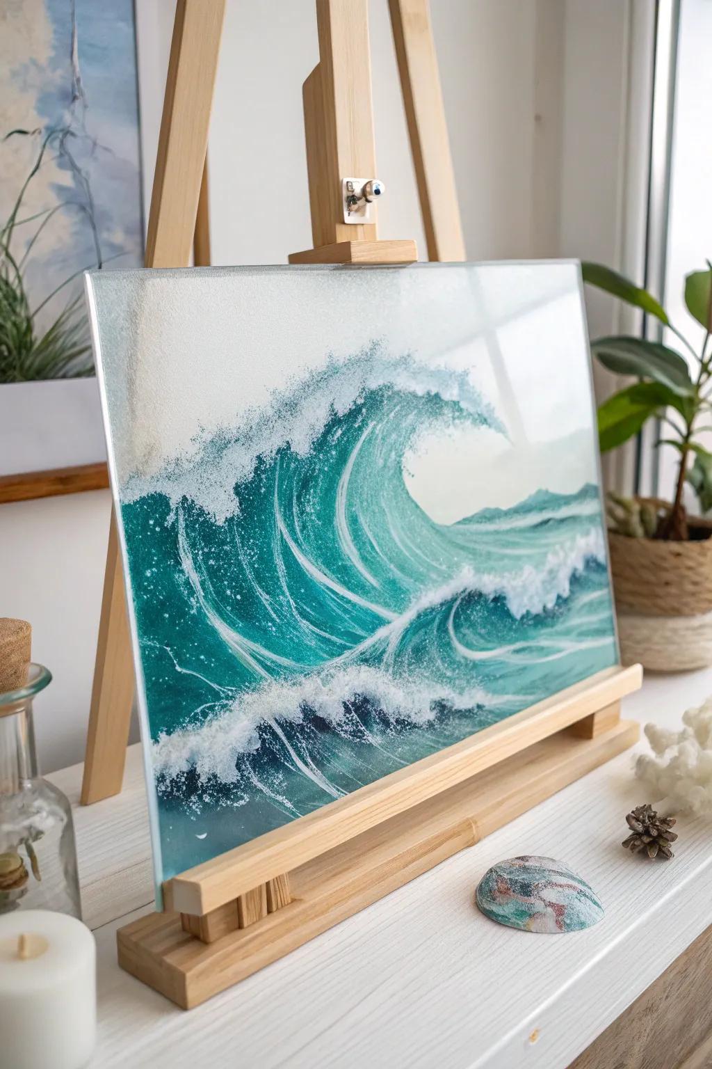 Capture the ocean's tranquility with elegant wave paintings on glass. A perfect blend of minimalist aesthetics and natural beauty.