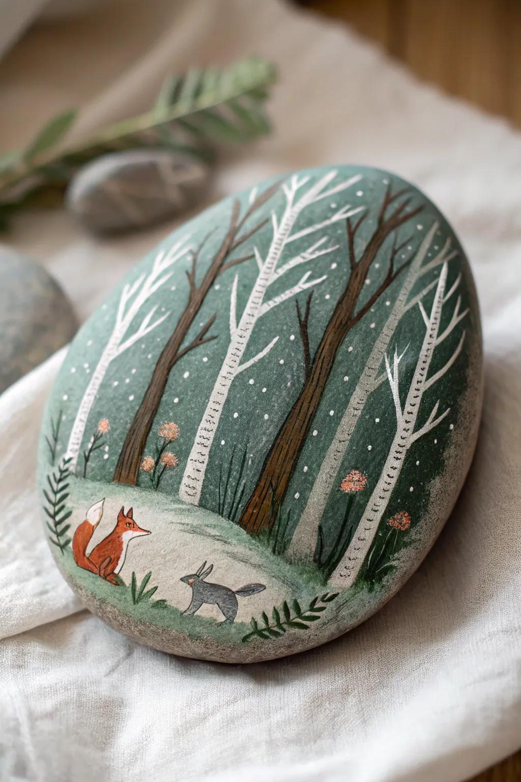 Bring the serene beauty of the forest into your home with this charming, hand-painted rock masterpiece.