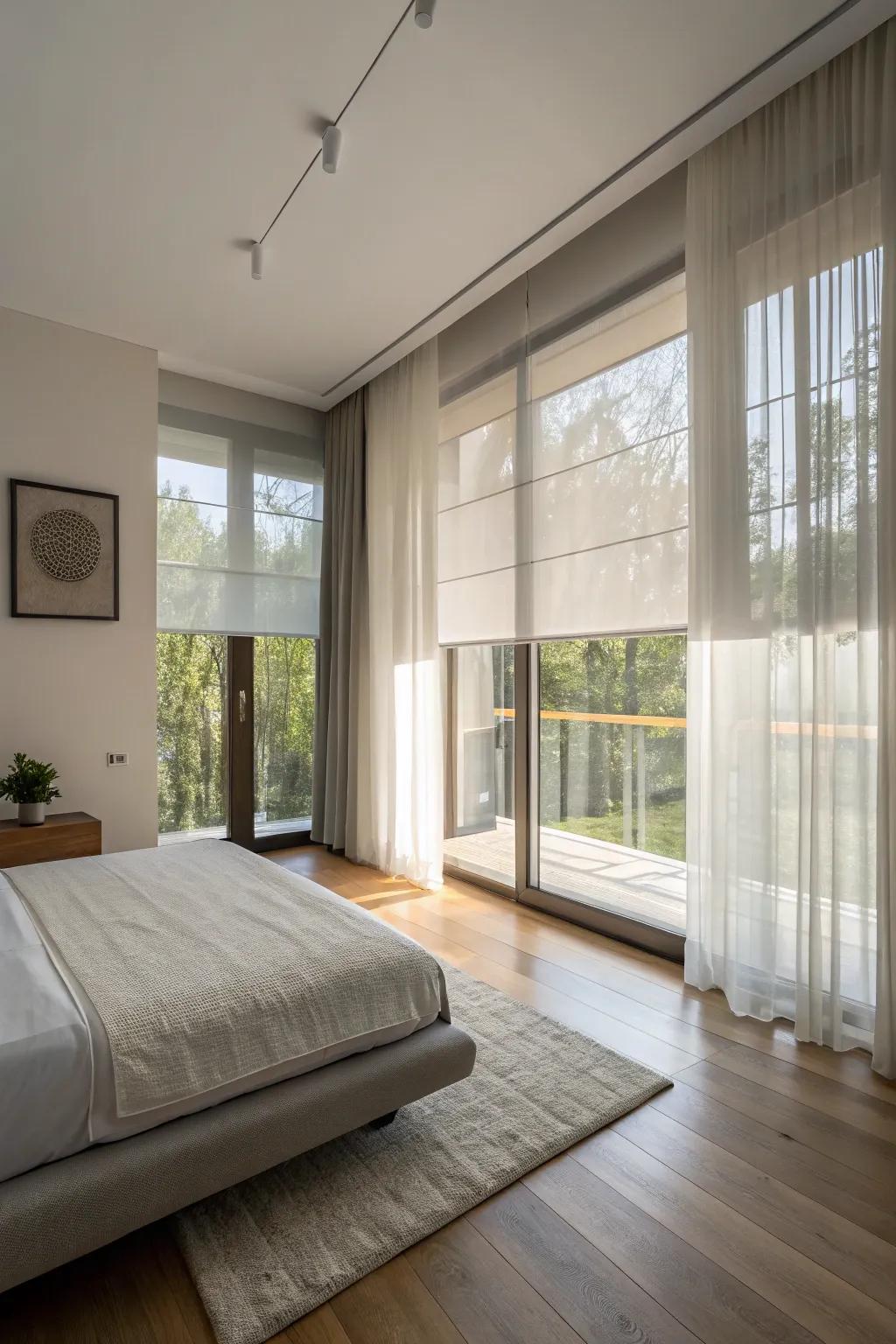 Sheer roller shades lend a soft touch to a minimalist bedroom.