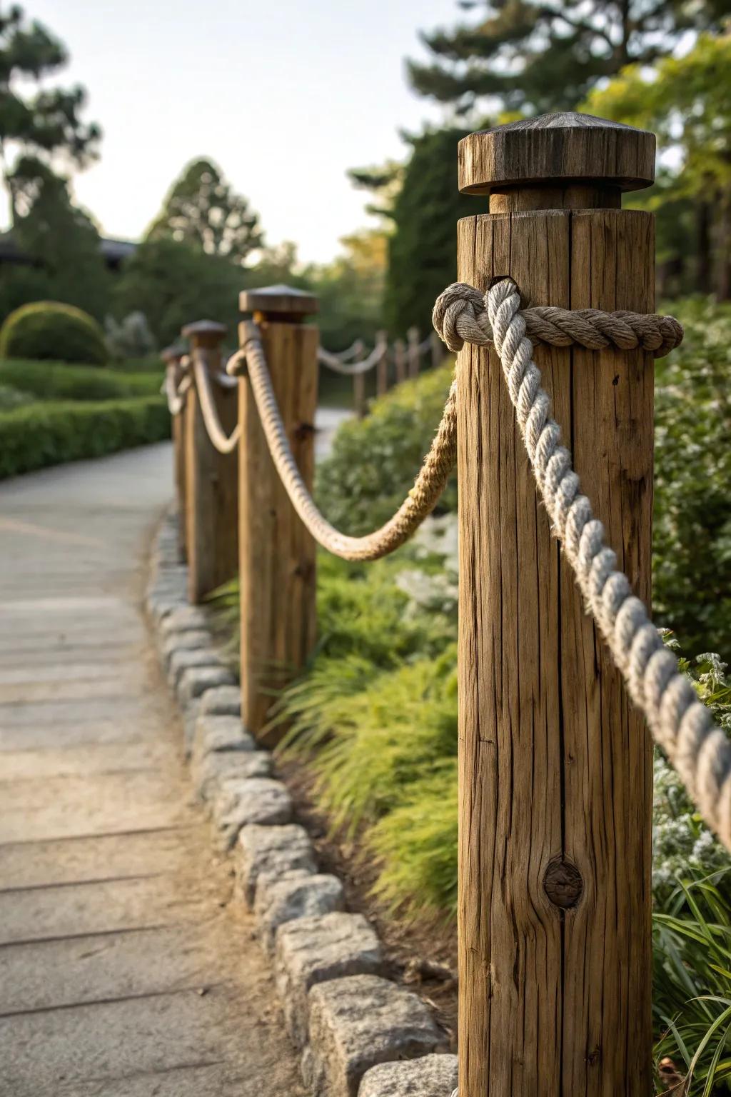 Embrace the timeless elegance of a classic wooden post and rope fence, where craftsmanship meets nature.