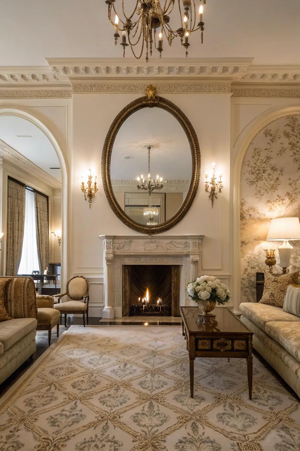 A large round mirror over a fireplace creating a bold and expansive effect.