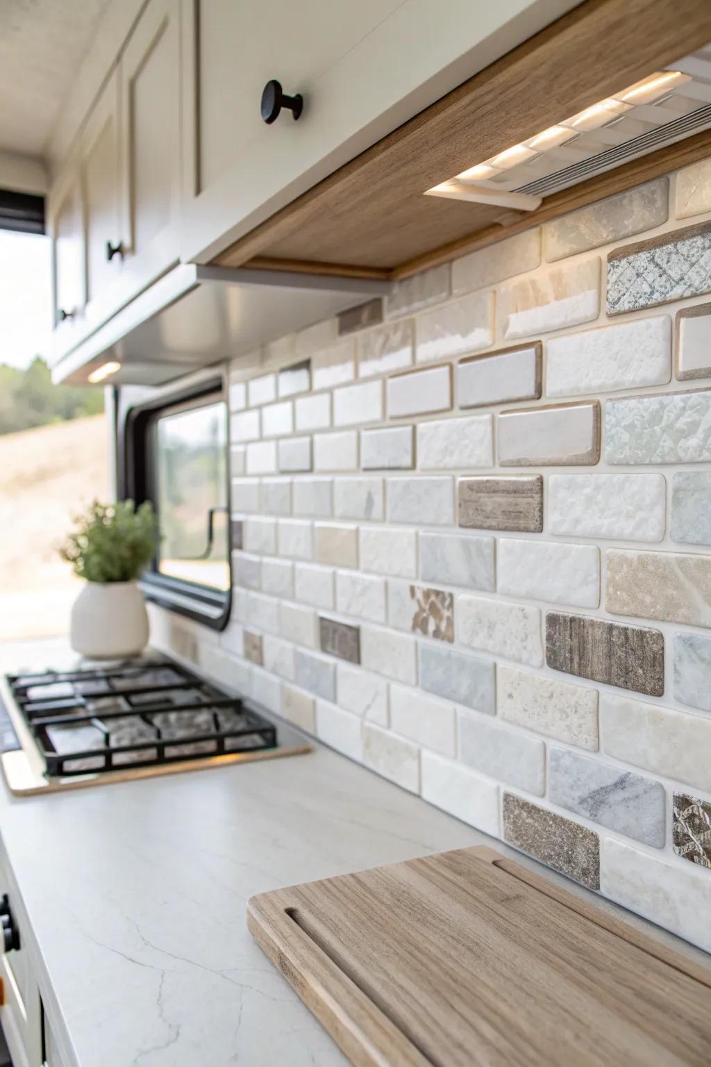 Transform your RV with the elegance of peel-and-stick tiles—where simplicity meets craftsmanship.
