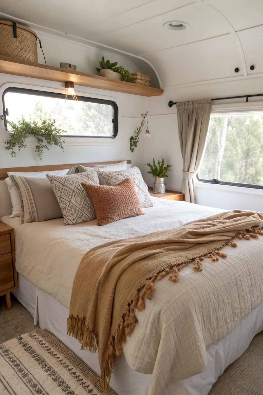 Transform your RV into a cozy retreat with luxurious bedding and a minimalist touch.