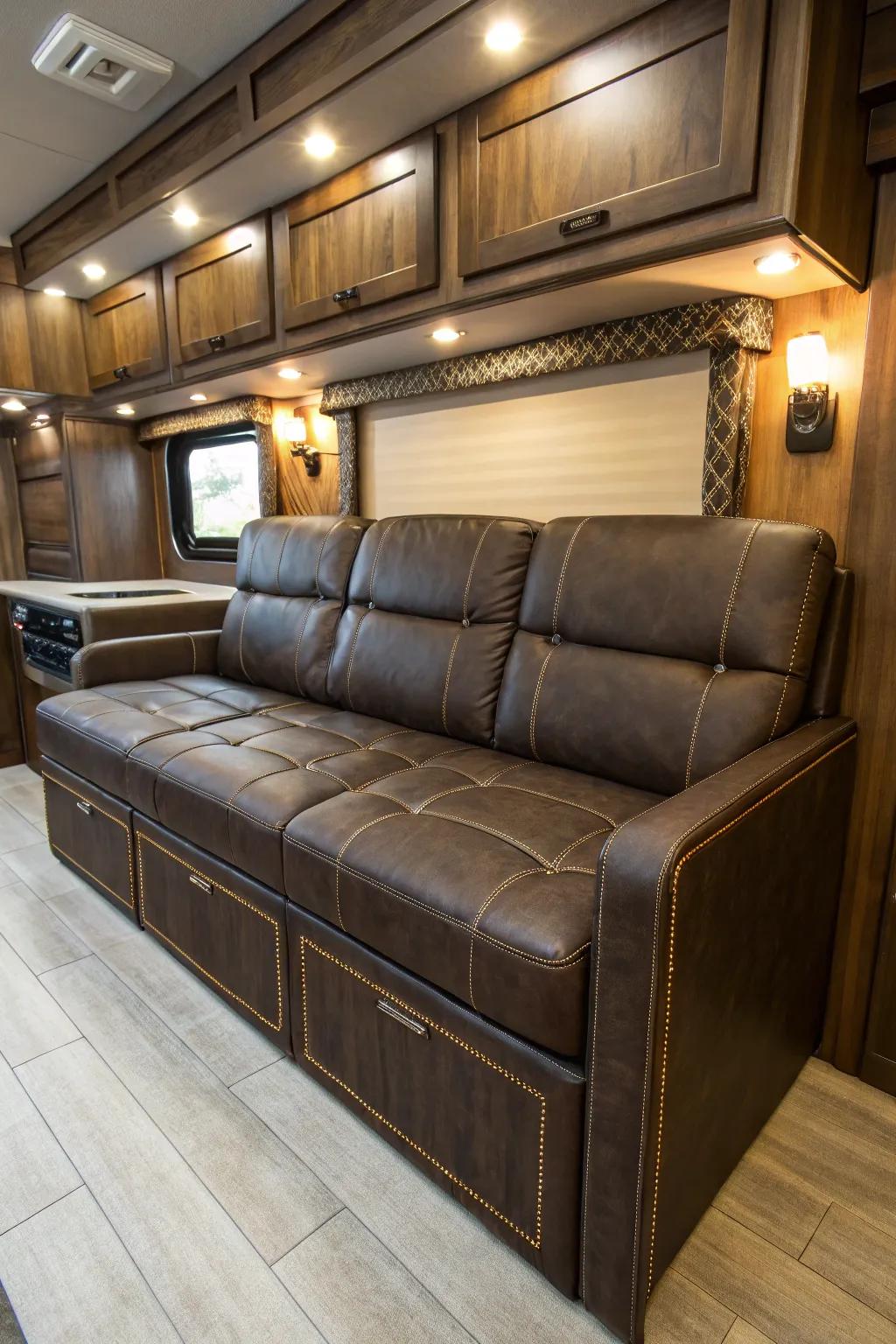 Transform your RV with this sleek, multifunctional sofa bed, blending style with smart space-saving solutions.