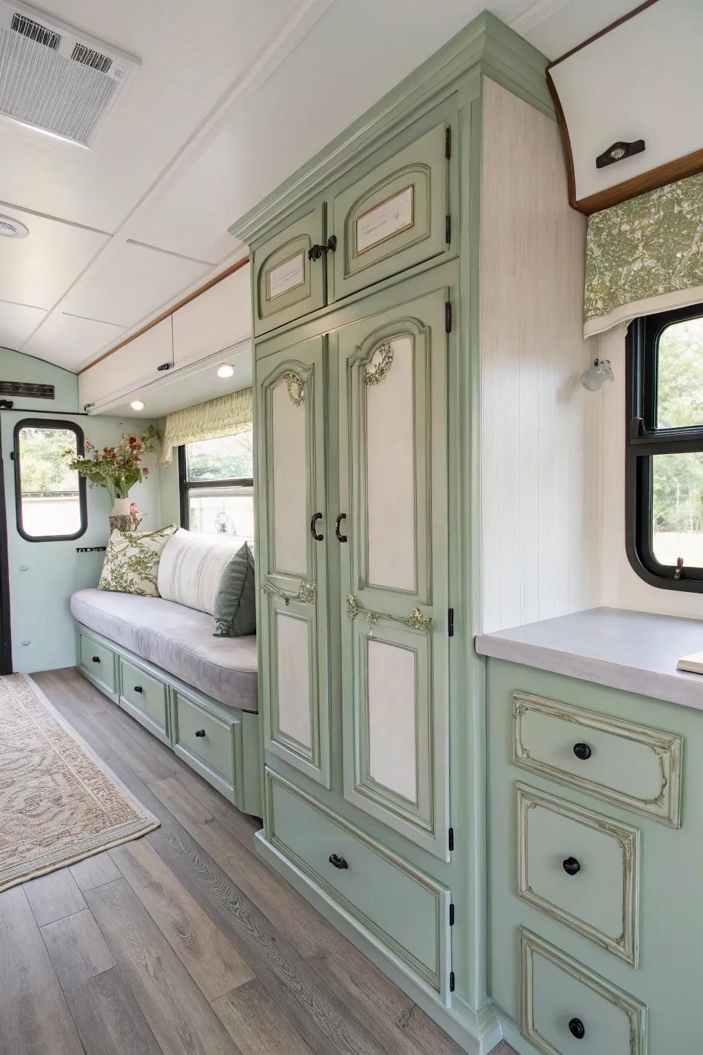 Transform your RV with the timeless charm of white and sage green—where craftsmanship meets elegance.