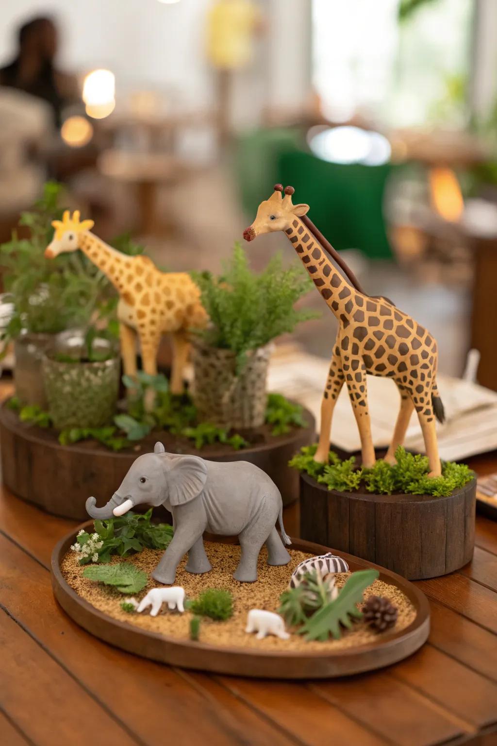 Charming animal figurines bring the safari theme to life.