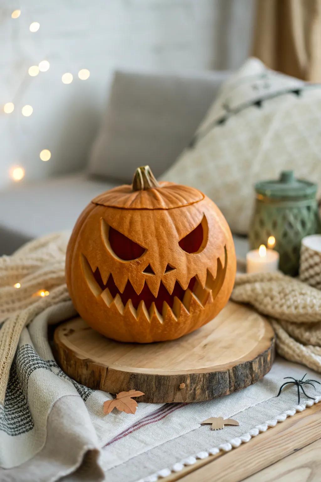 Unleash your creativity with this menacing monster pumpkin carving, where simplicity meets spooky elegance.