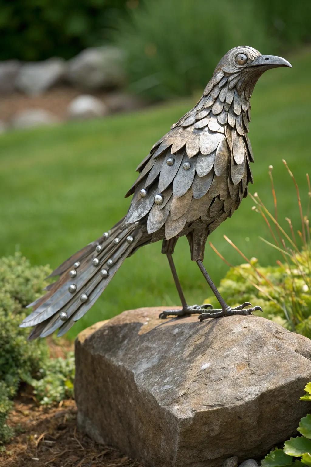 Ingenious craftsmanship: Transform your garden with a whimsical bird sculpture made from repurposed spoons and forks.