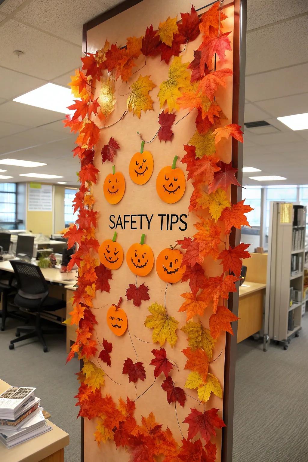 An office bulletin board with autumn-themed safety tips using pumpkin cutouts.