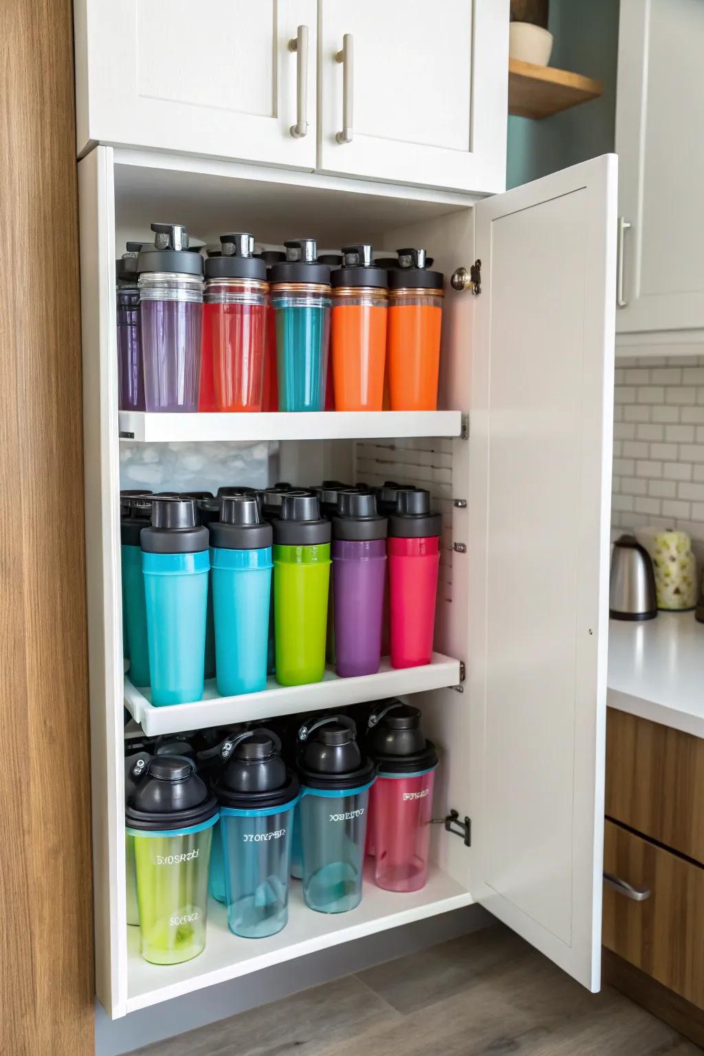 Neatly stacked shaker bottles inside a kitchen cupboard using adjustable shelves.