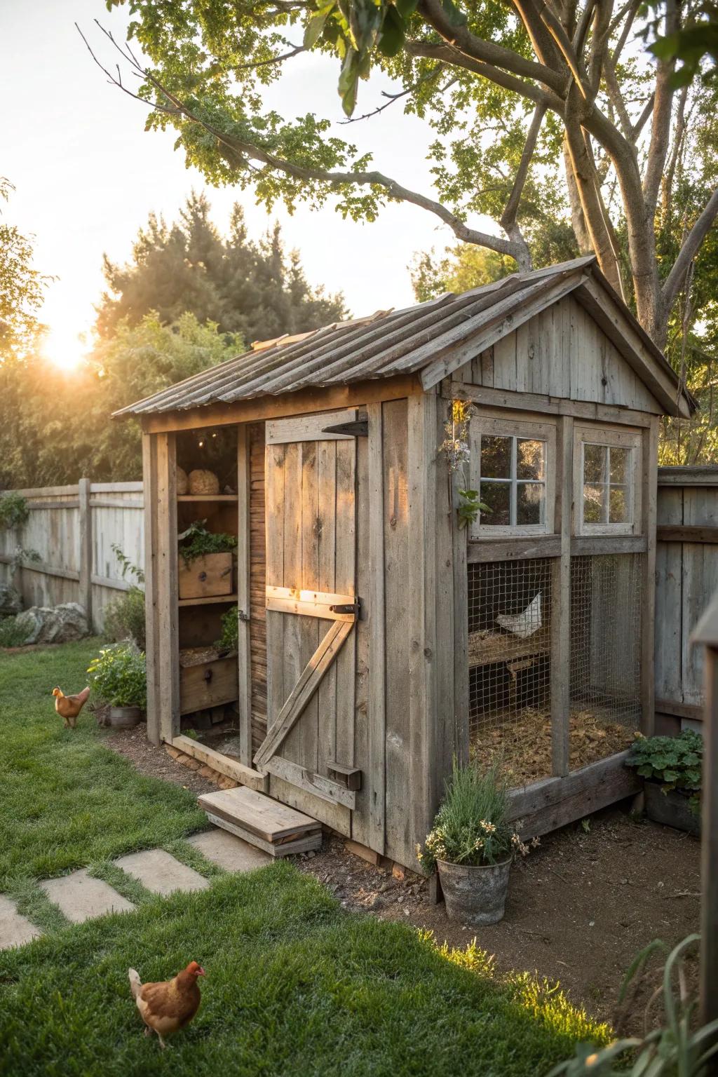 Transform your garden shed into a charming chicken coop with timeless appeal.