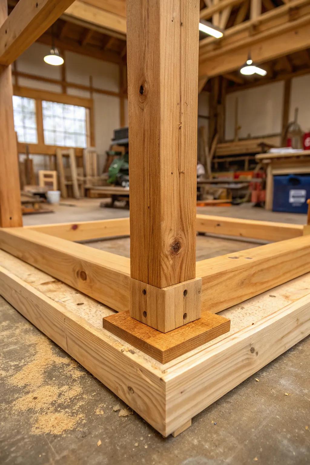 Craftsmanship at its finest: A sturdy start to your shed with a wooden frame foundation.