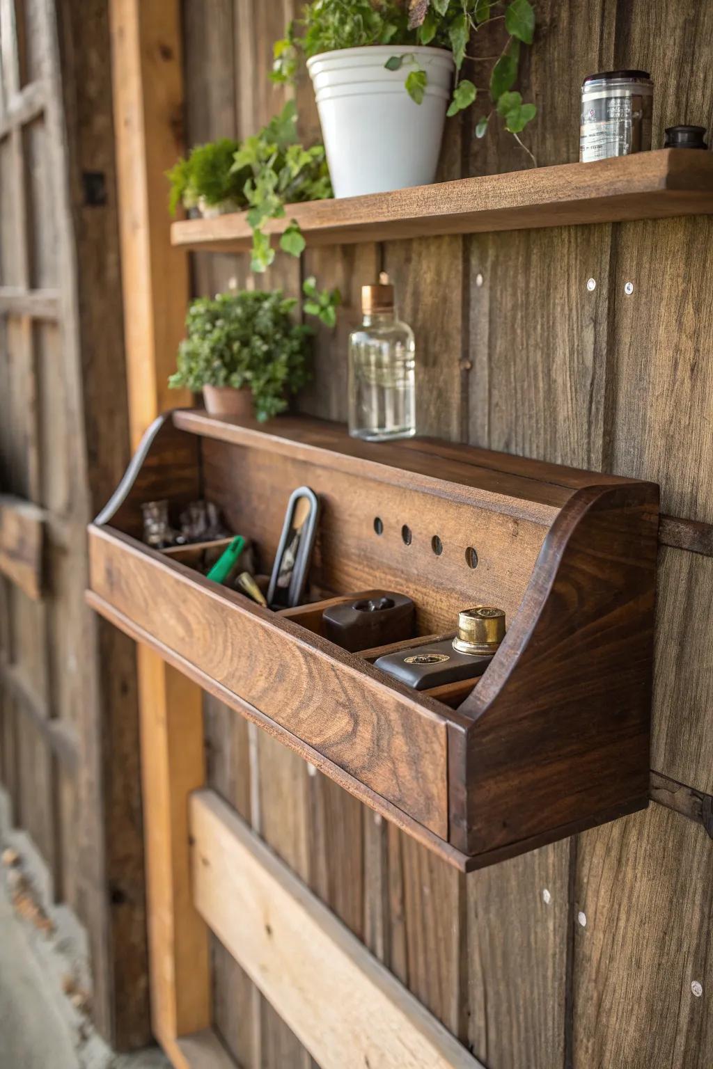 Maximize your shed's space with stylish floating shelves that combine function and flair.