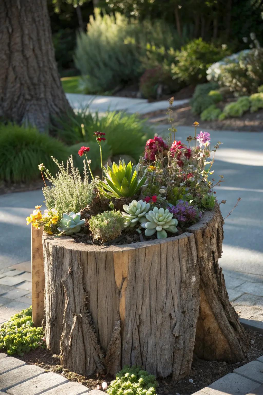 Transform nature into art with a charming tree stump planter, embodying effortless elegance and vibrant beauty.