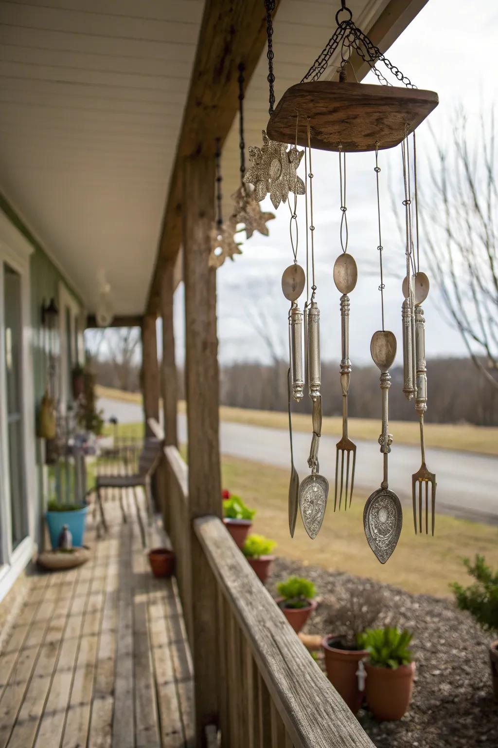 Vintage forks and spoons creating a rustic charm on a porch.