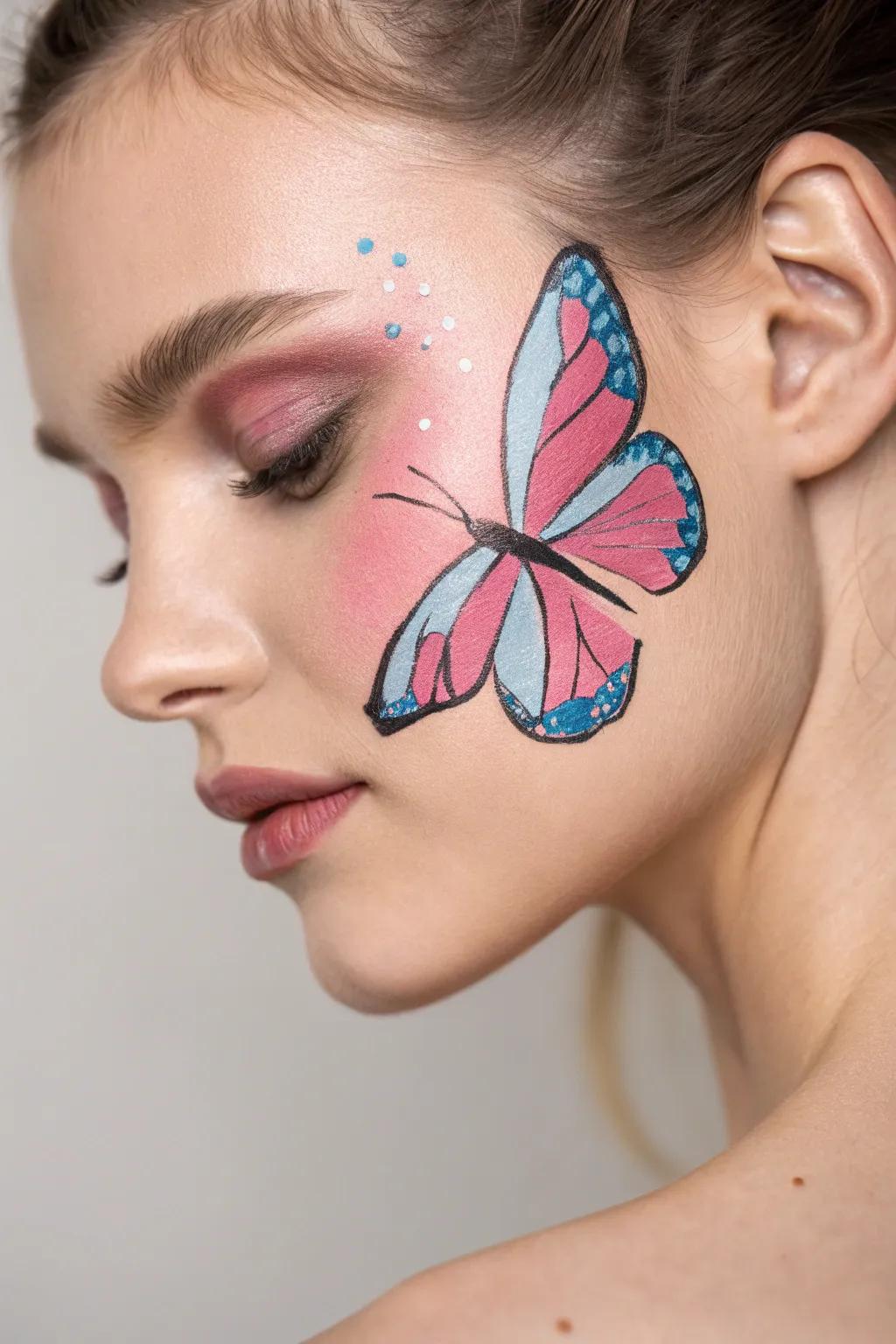 Embrace simplicity and elegance with a classic butterfly face paint—perfect for adding a touch of whimsy to any occasion.