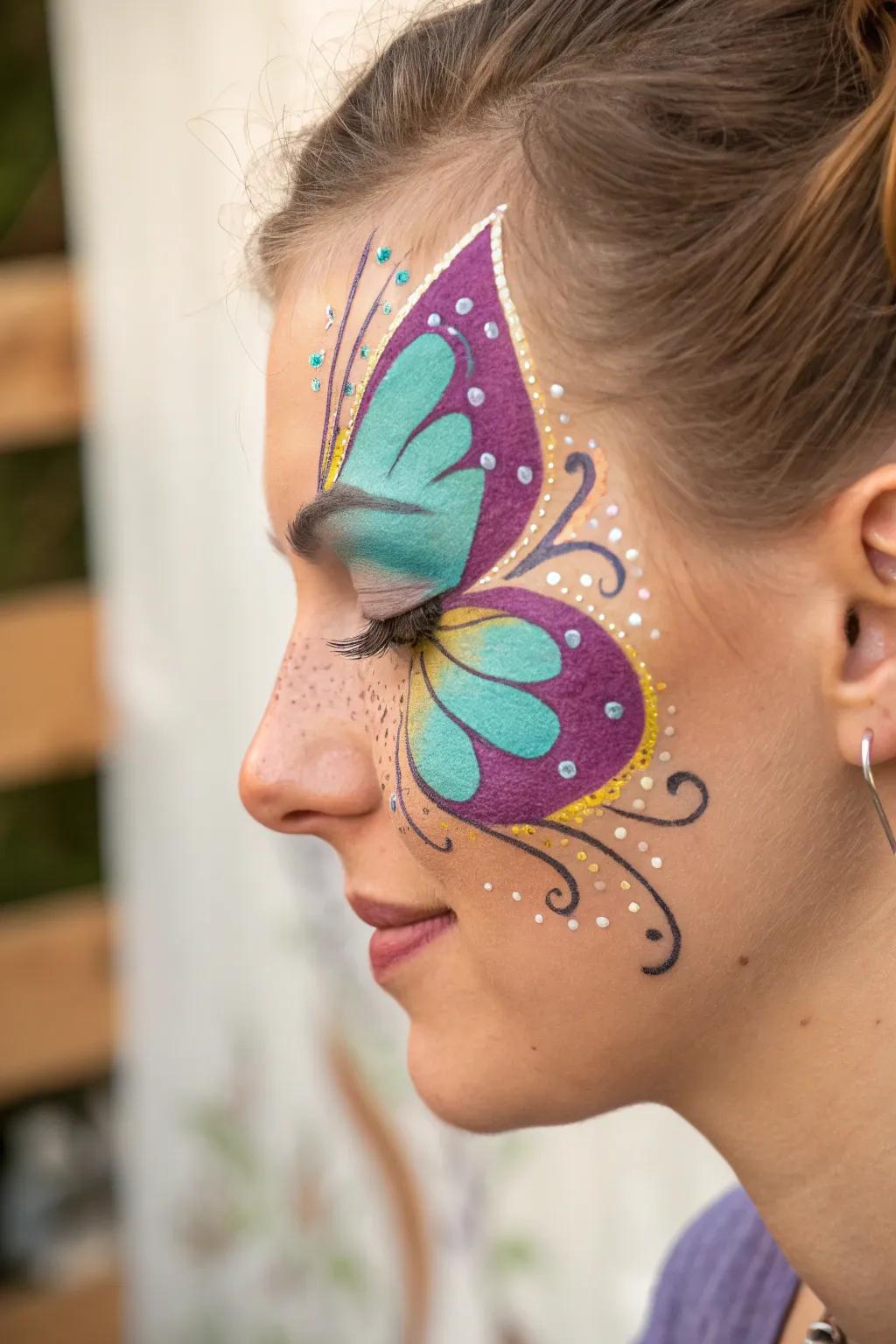 Unleash your inner butterfly with this simple and enchanting face paint design.