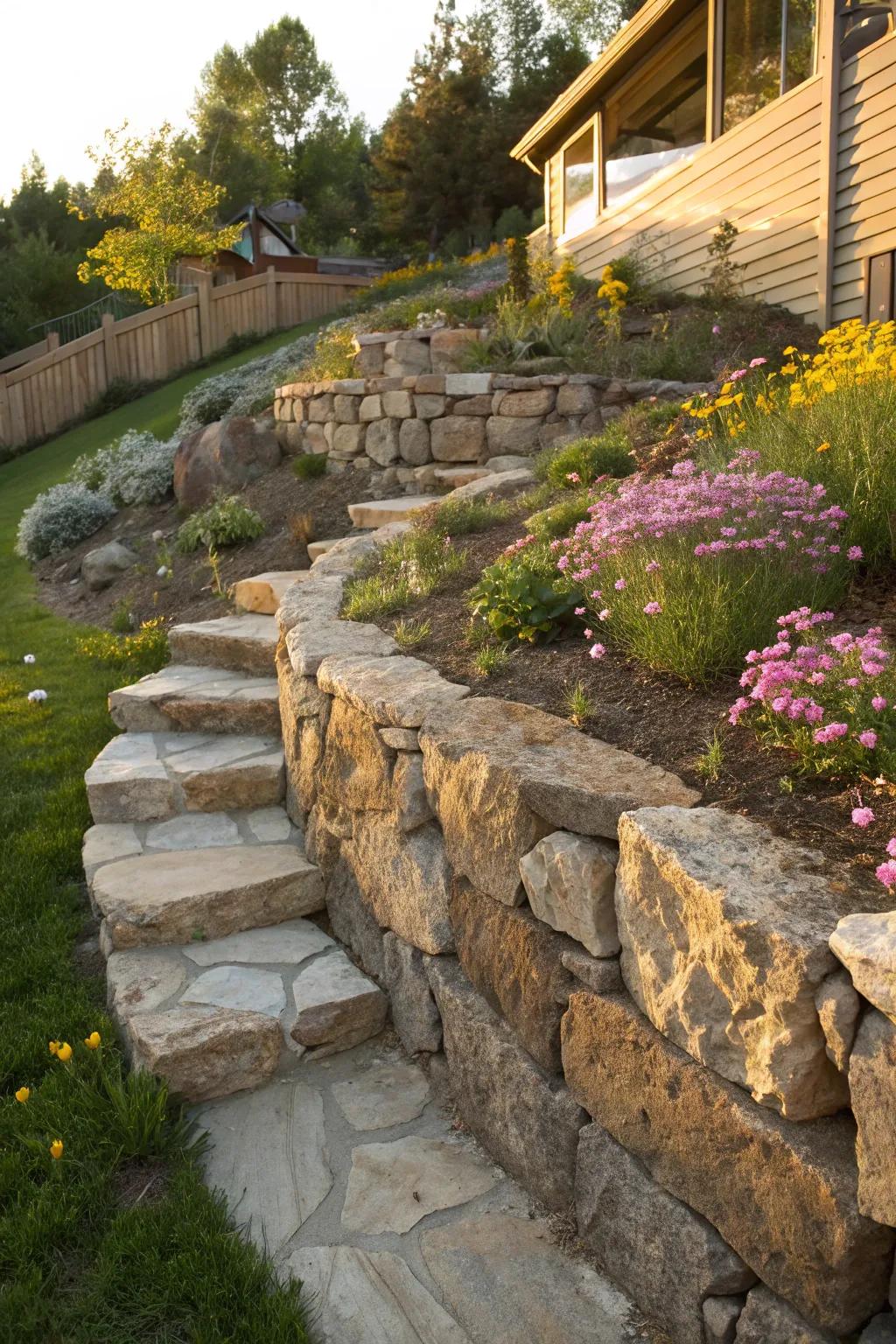 Timeless Craftsmanship: Elevate your backyard with the natural elegance of a stone retaining wall.