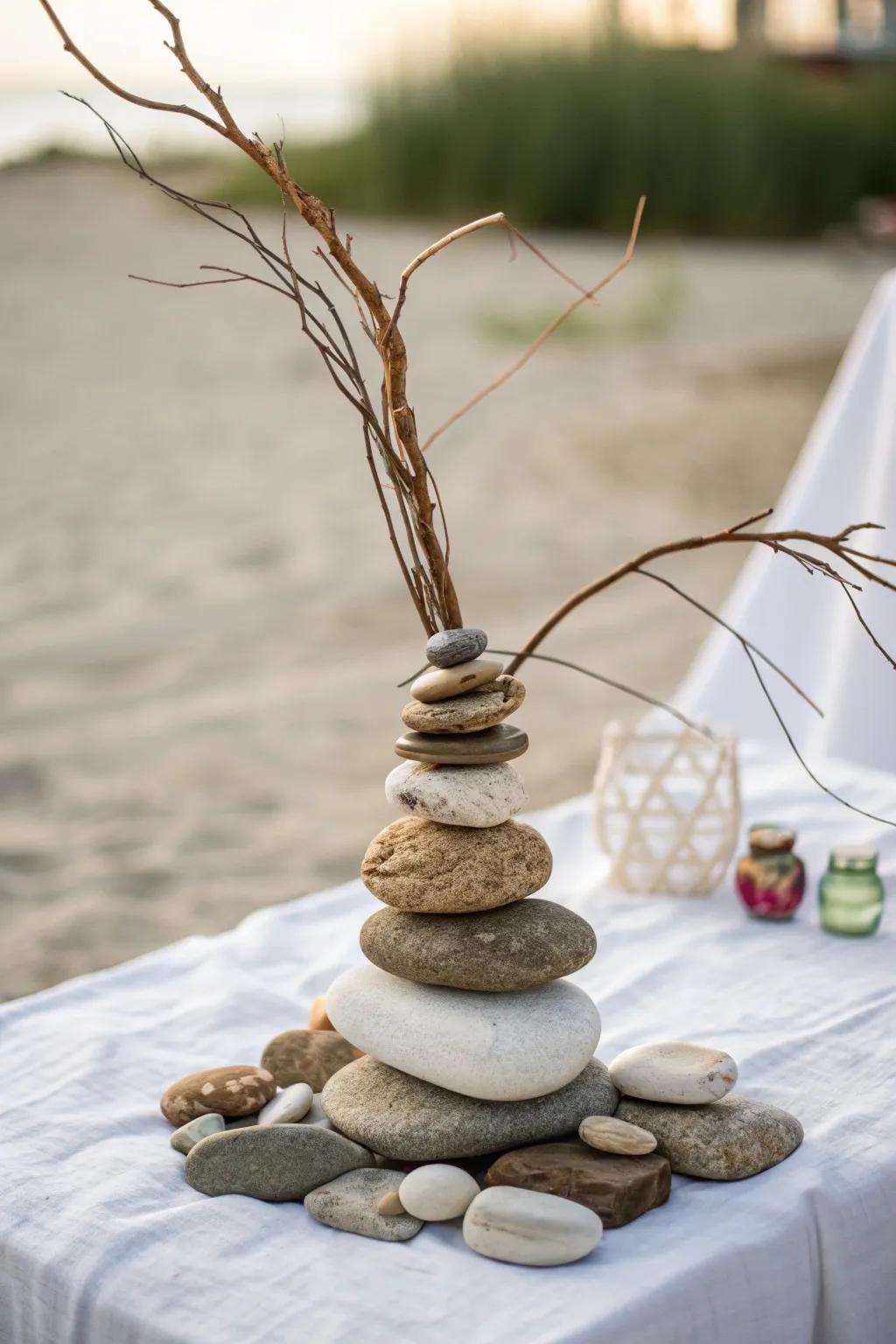 Embrace nature indoors with this elegant twig and stone sculpture, where simplicity meets artistic beauty.