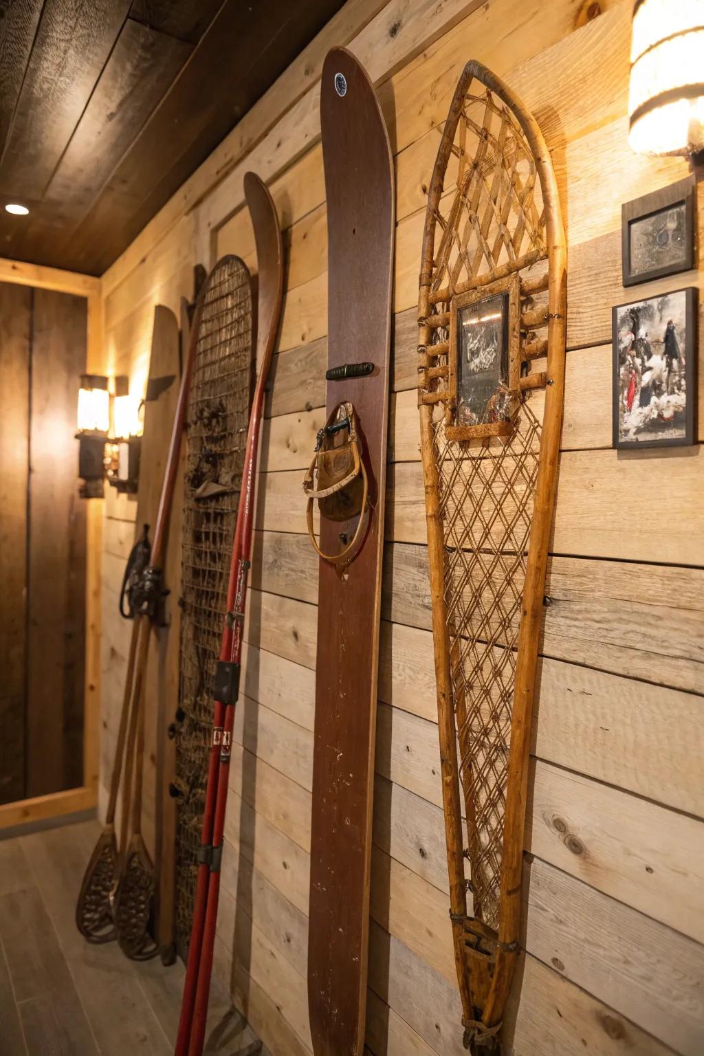 Create a statement wall with vintage ski equipment for a touch of nostalgia.