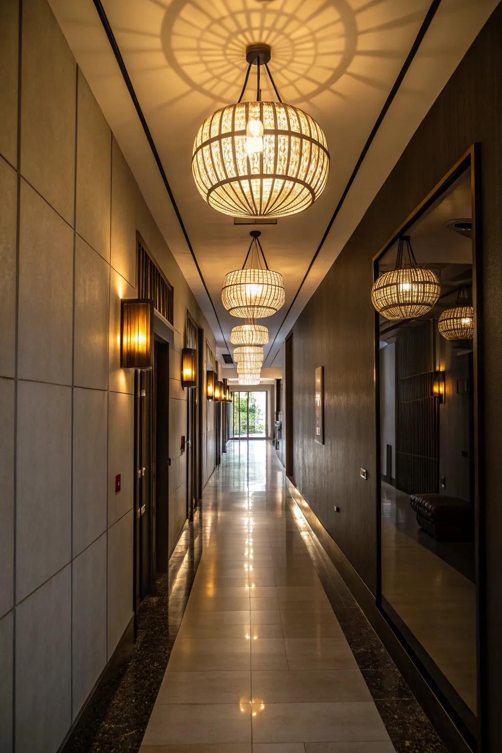 Pendant lights brighten and elevate a narrow hallway.
