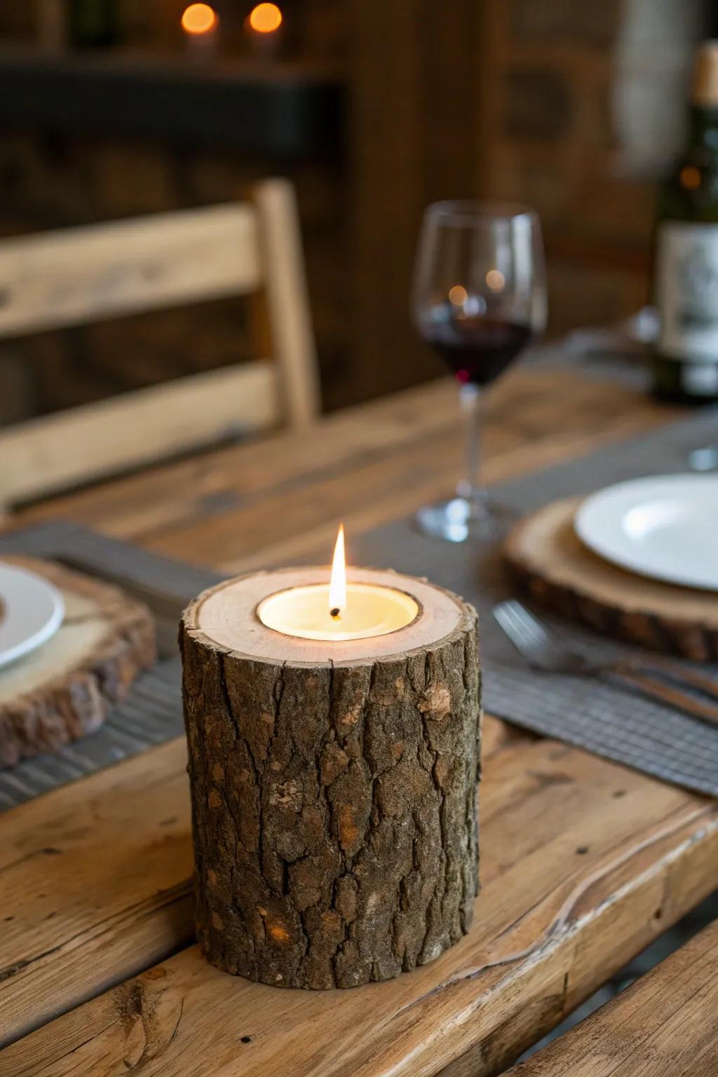 Rustic elegance meets warm ambiance with handcrafted log candle holders.