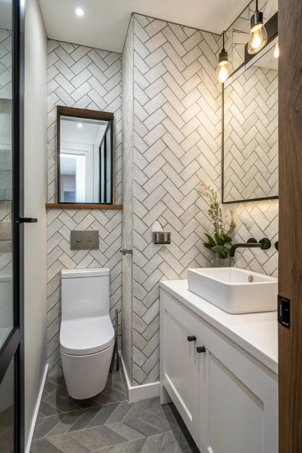 Geometric patterns bring visual interest to a small powder room.