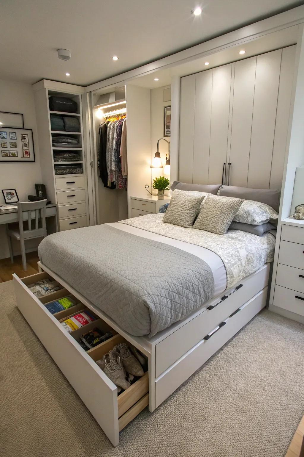 A bed with built-in storage maximizes space in a small room.