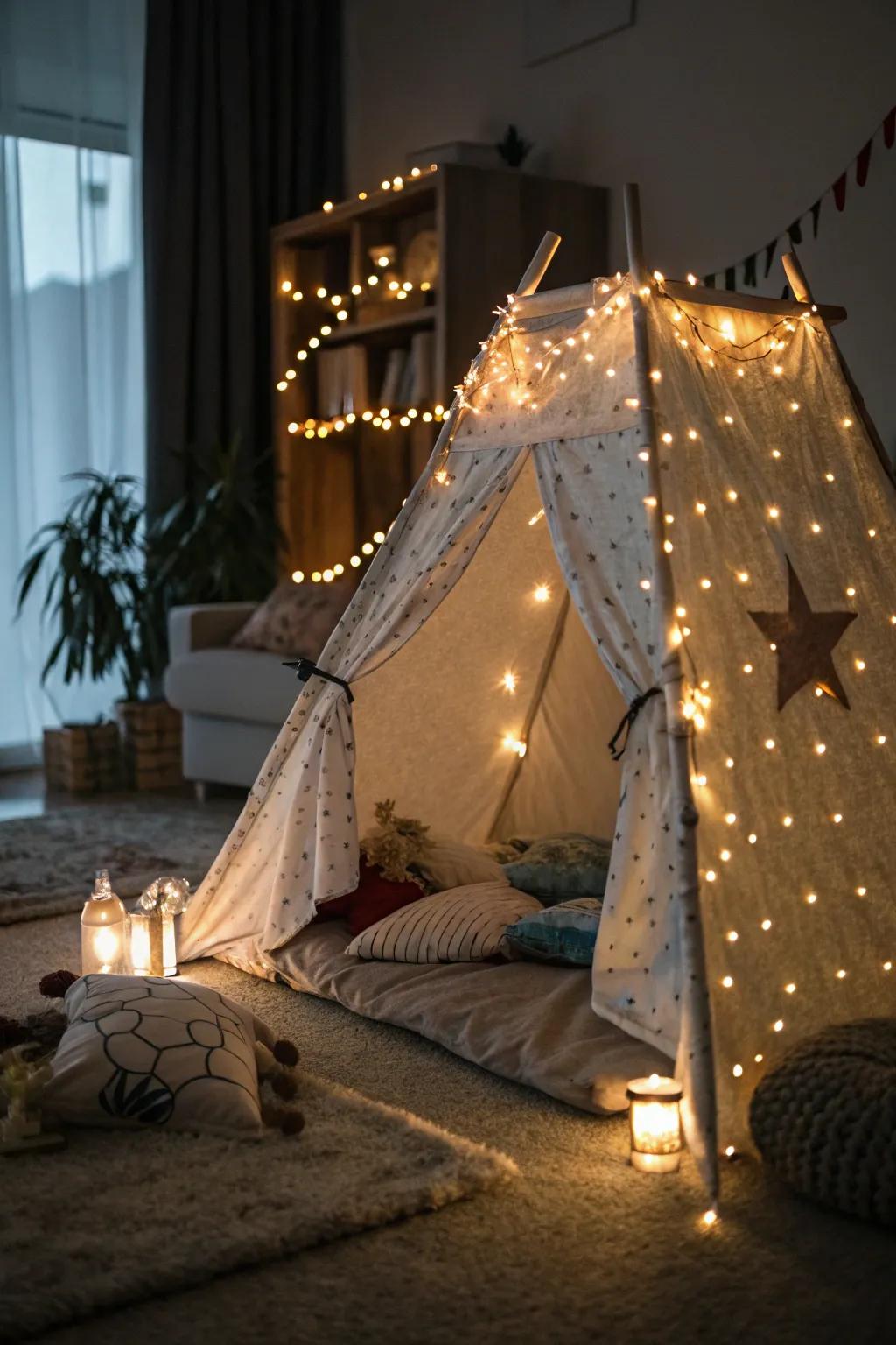 Magical string lights illuminating a small indoor tent.