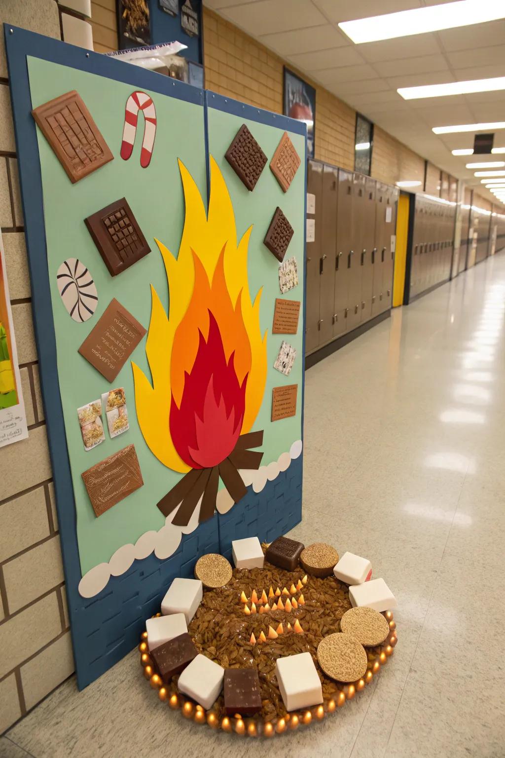 A campfire-themed bulletin board with delightful s'mores imagery.