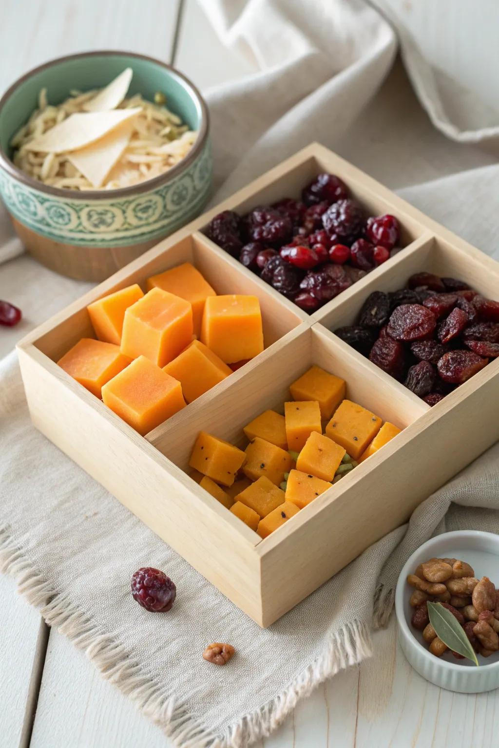 A delightful sweet and savory pair: cheddar cubes and cranberries, perfect for your next crafting session!