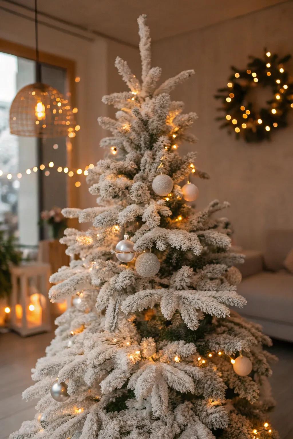 A flocked Christmas tree showcasing its snow-dusted branches.
