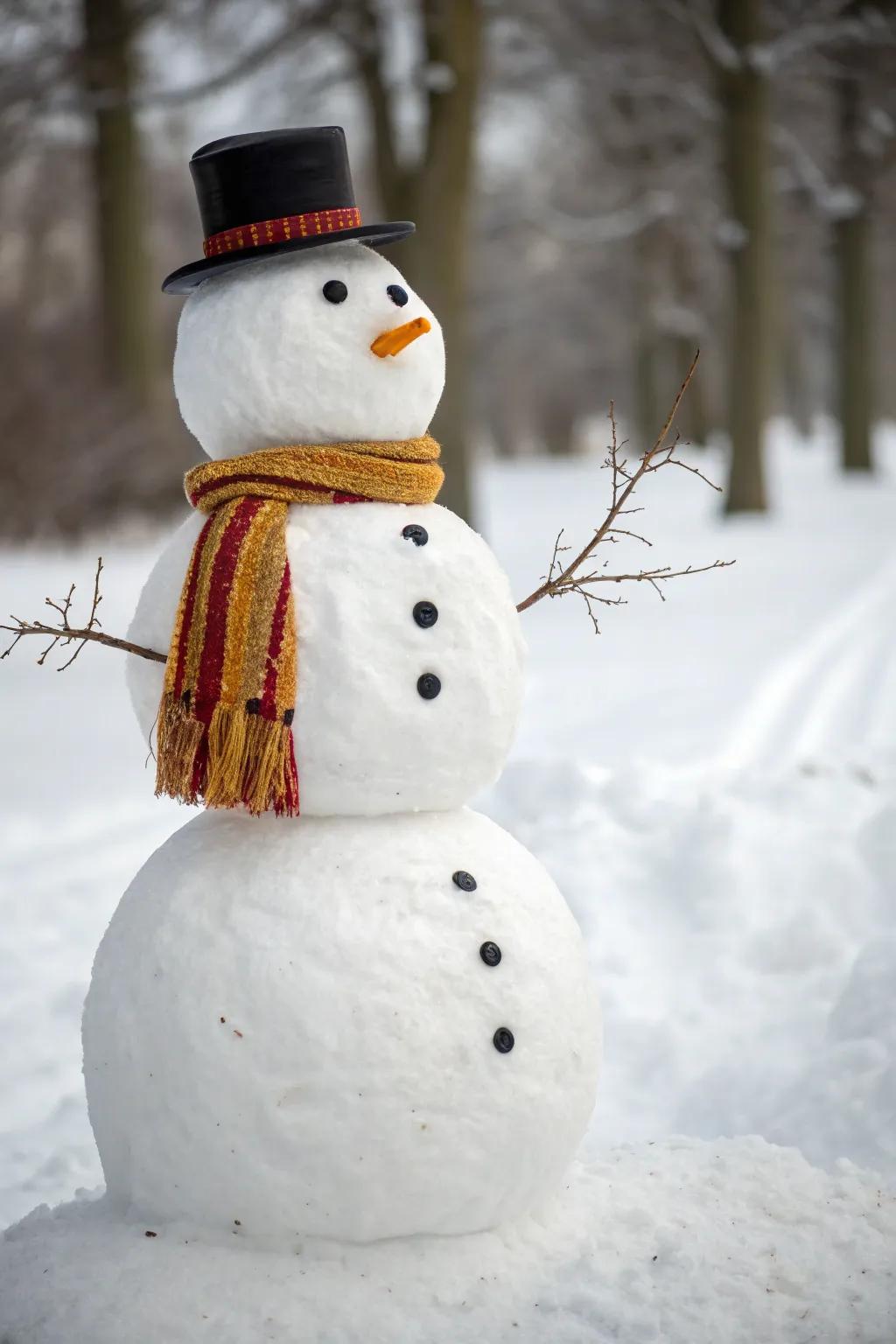Embrace the timeless charm of a classic snowman, where simplicity meets natural beauty in a winter wonderland.