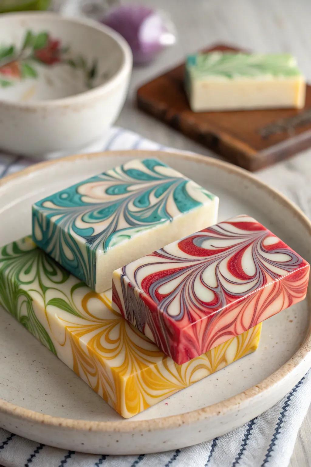 Soap bars with mesmerizing swirl designs, each a unique piece of art.