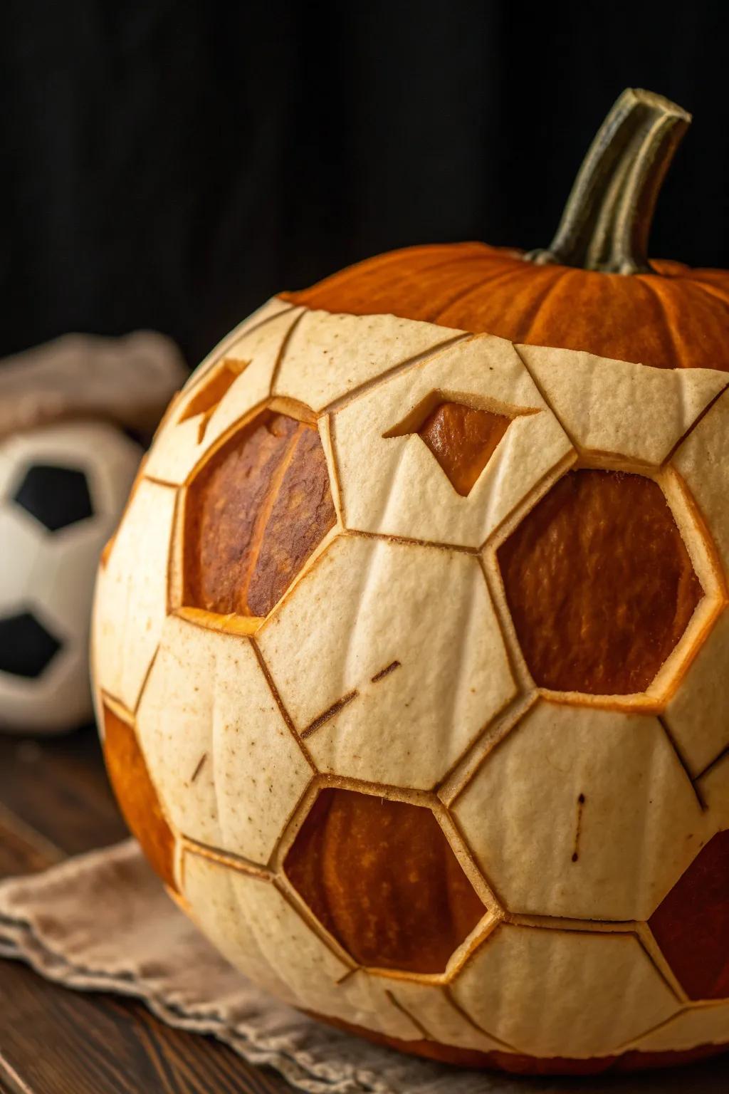 Carve your way to victory with this classic soccer ball pumpkin design!