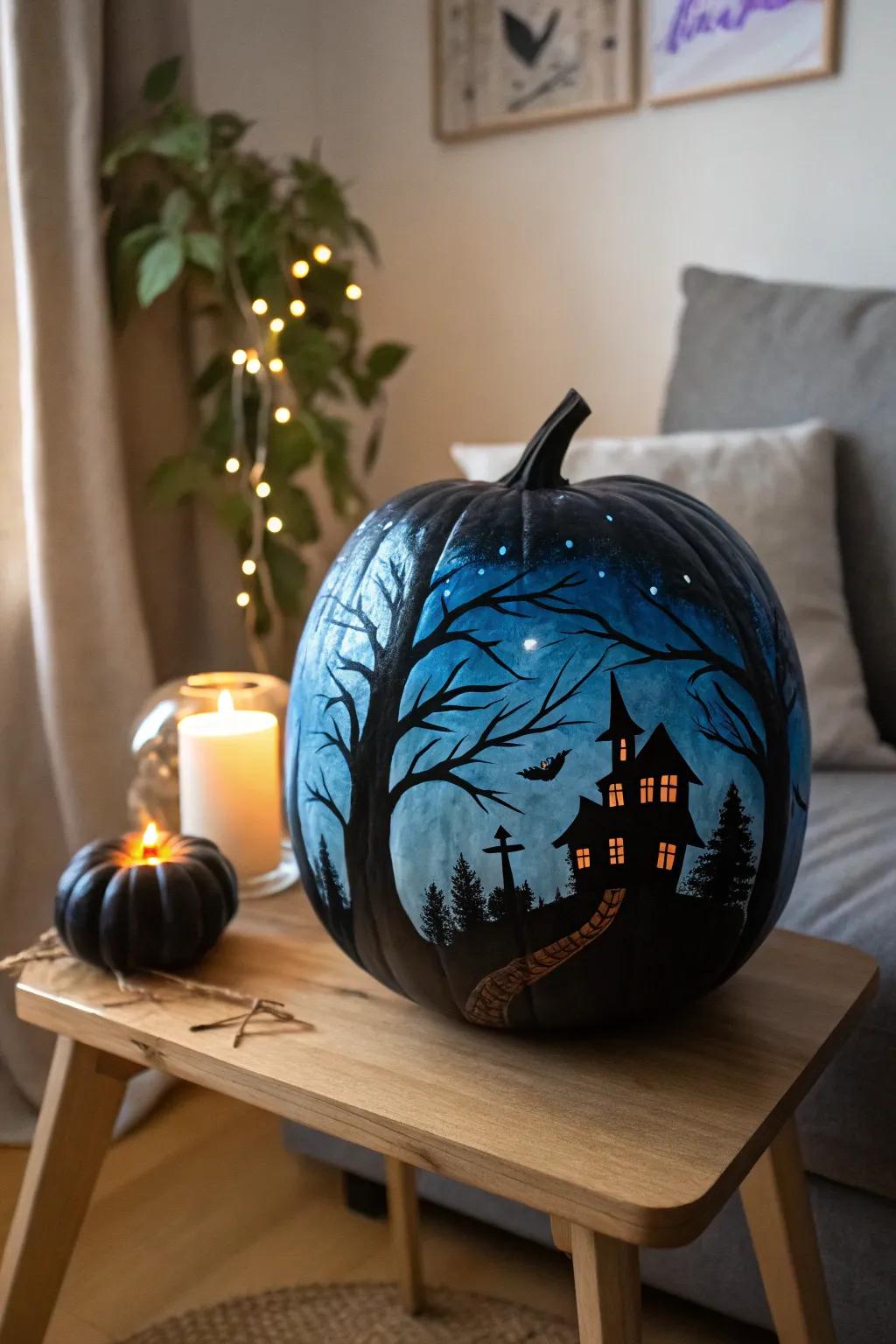 Transform your pumpkin into a mesmerizing haunted landscape with this simple, yet stunning painting idea. Perfect for adding a touch of spooky elegance to your autumn decor!
