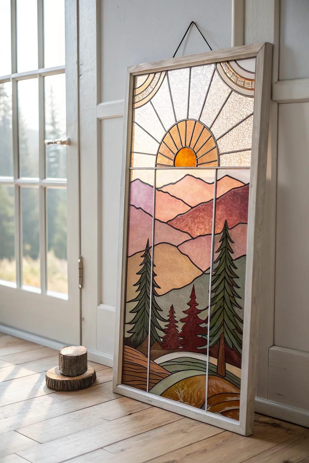 Wake up to the beauty of nature with a sunrise captured in stained glass – simplicity and elegance for your space.