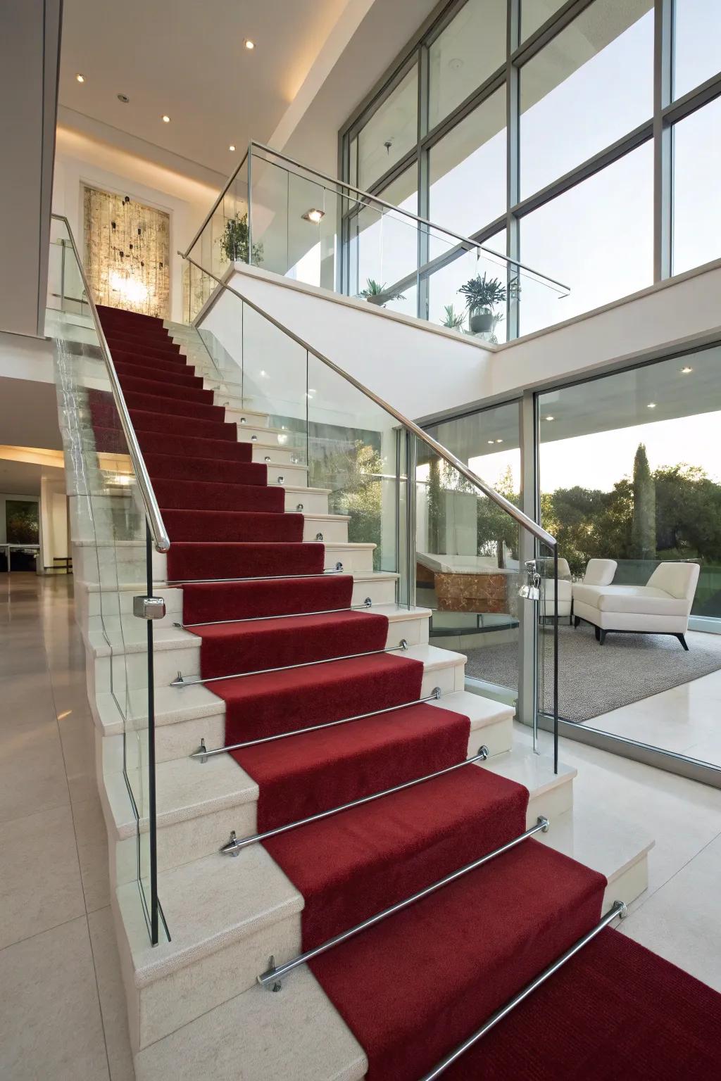 A luxurious carpet runner transforms this staircase into a cozy focal point.