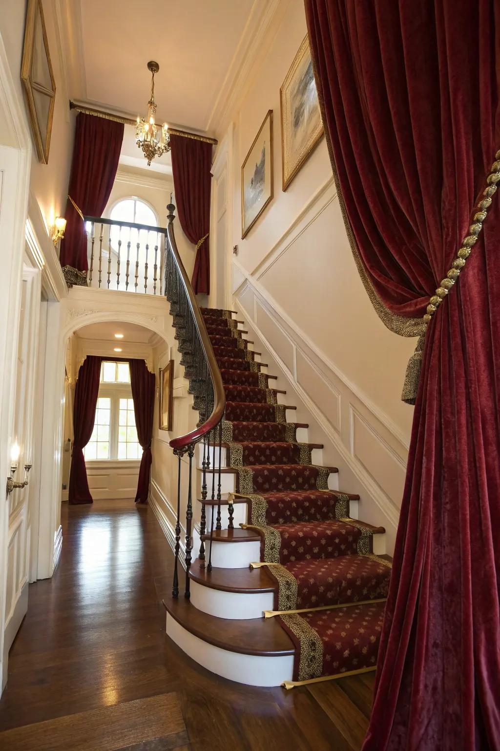Velvet drapes add a touch of elegance and luxury to your stairwell.