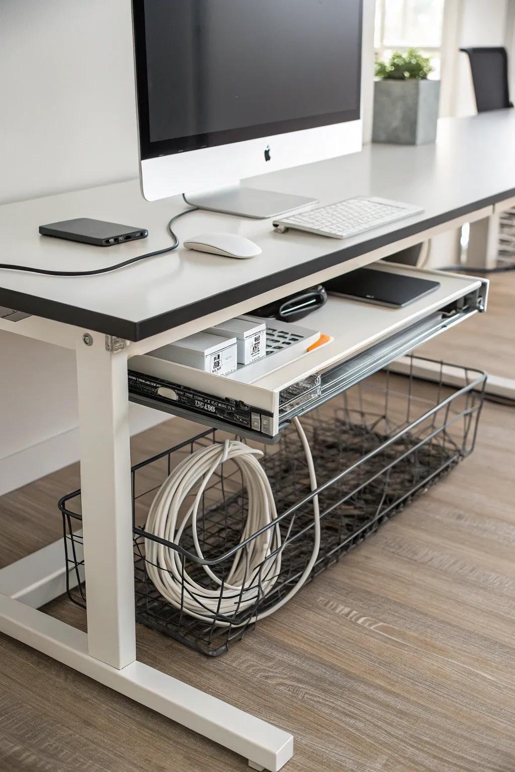 Cable trays keep your desk clutter-free by concealing cables beneath the surface.