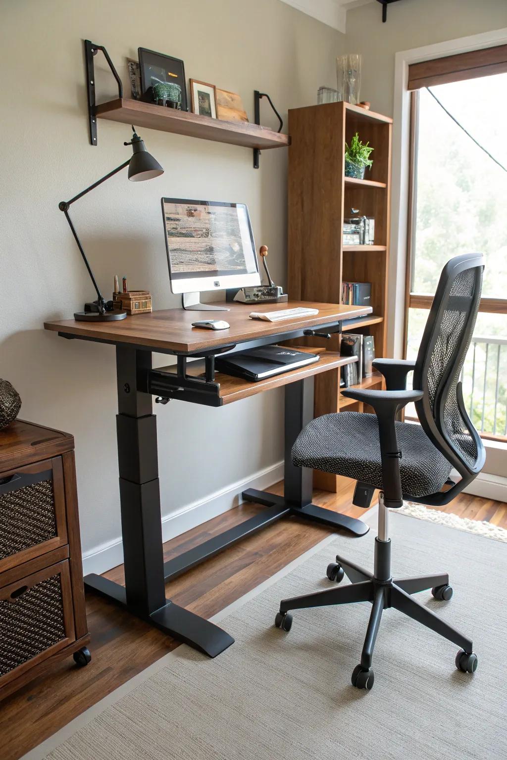 A versatile adjustable standing desk setup for comfort and productivity.